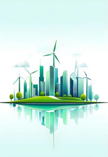 Abstract visual illustration of a city skyline where buildings morph into wind turbines and trees,