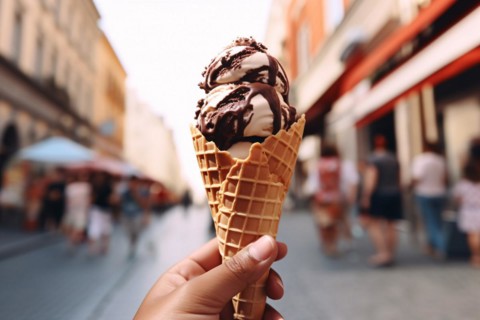Hand holding vanilla ice cream with chocolate sauce in cone with blurry city in background. KI