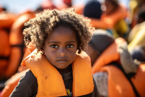 Young refugee child with orange safety vest in migration boat crossing ocean. KI generiert,