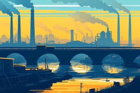 Illustration, graphic of an industrial landscape with bridges over a river, smoking chimneys at