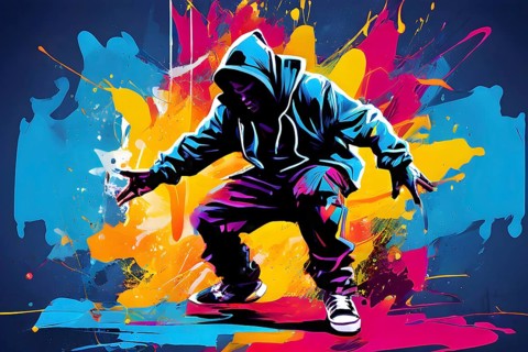 Illustration of a dynamic breakdancer mid action on a vibrant splash paint background, AI generated