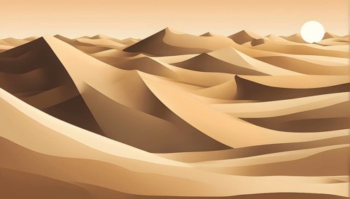 Abstract desert scene with triangular sand dunes and a single circular sun, using sharp lines and