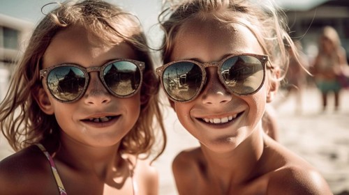 Two young girlfriends posing wearing sunglasses having fun on the beach, generatvie AI, AI