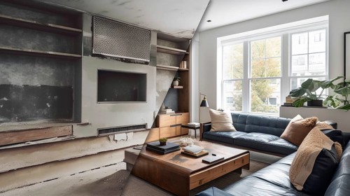 Custom living room upgrade interior before and after construction, generative AI, AI generated