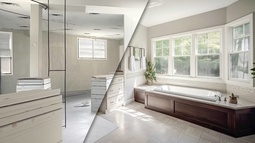 Luxurious custom bathroom upgrade interior before and after construction, generative AI, AI