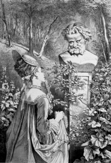 At the satyr in the park, woman standing in front of a bust, monument. In Greek mythology, a satyr