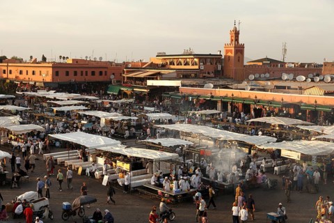 Restaurants on the Djemaa el Fna square in Marrakech, Morocco, Africa