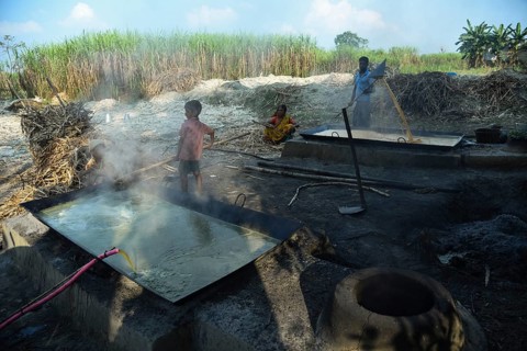 Workers boiling sugarcane juice as they are making Gur (jaggery) in a village on December 10, 2021