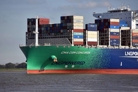Europe, Germany, Hanseatic City of Hamburg, harbour, Elbe, CMA CGM Concorde departing Hamburg for