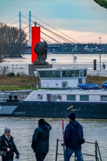 Flood on the Rhine near Duisburg, freighter in the Vincke Canal, Neuenkamp Rhine Bridge, old and
