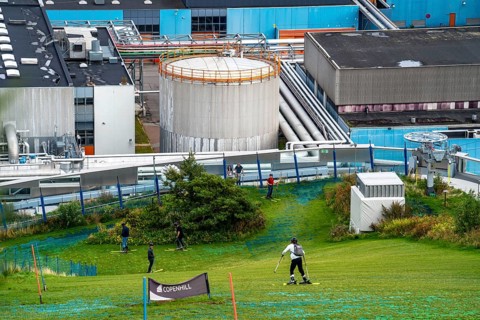 CopenHill, waste incineration plant and artificial ski slope, skiing with a view of the Øresund, 90