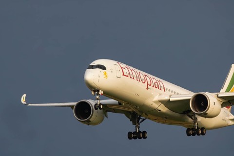 Aircraft approaching Zurich Airport. Registration: ET-ATY, Airbus A350-941, Ethiopian Airlines.