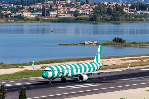 A Condor Airbus A321 aircraft with the registration D-ATCB at Corfu Airport, Greece, Europe