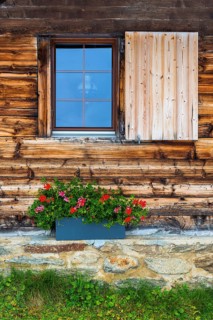 Lovingly decorated mountain hut, wooden hut, alpine hut, picturesque, flowers, window, house wall,