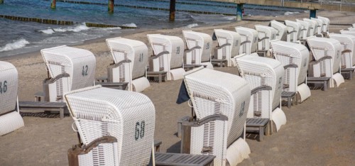 White beach chairs on the beach of Heiligendamm, Mecklenburg-Vorpommern, Germany, Europe