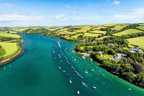 Salcombe and Mill Bay over Kingsbridge Estuary from a drone, Batson Creek, Southpool Creek, Devon,