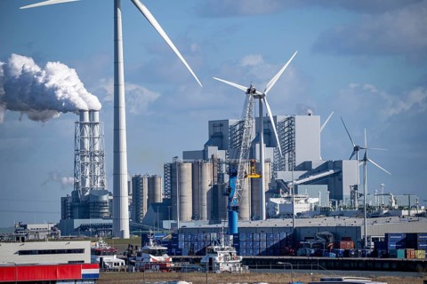 RWE coal-fired power plant Eemshavencentrale, in the seaport of Eemshaven, operator RWE Power, wind