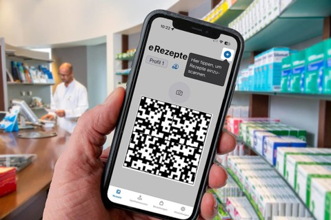 Symbolic image of an e-prescription, prescription issued by a doctor, with QR code, is scanned