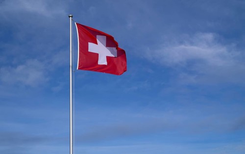 Swiss flag, blue sky, Seebodenalp, Küssnacht am Rigi SZ, Canton Schwyz, Switzerland, Europe