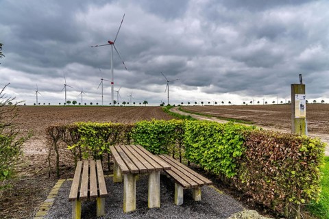 Wind farm south-east of Heinsberg, dark storm clouds, strong wind, North Rhine-Westphalia, Germany,