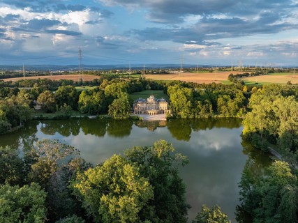 Monrepos Lake Castle reflected in Lake Eglosheim, aerial view, Ludwigsburg, Baden-Württemberg,
