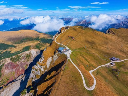 The summit station of the Seceda cable car, Sofie hut, drone shot, Val Gardena, Dolomites,