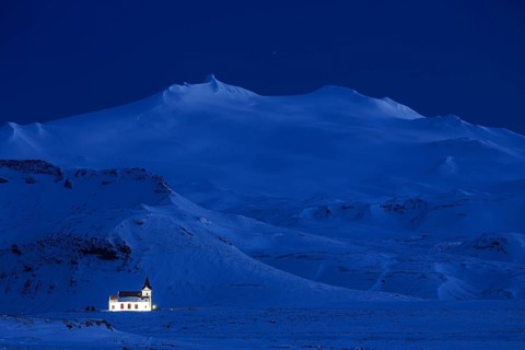 Church in front of snowy mountains, twilight, blue hour, illuminated, snow, winter, Helllissandur,
