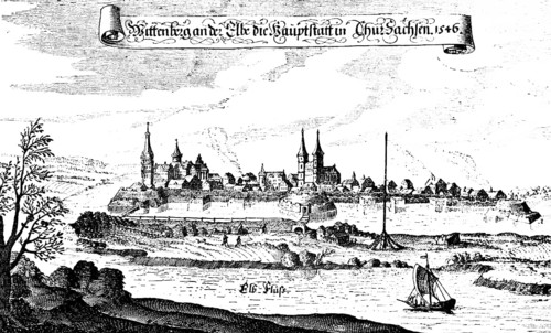 Copperplate engraving from 1546 of the town of Wittenberg on the Elbe, view of the capital of
