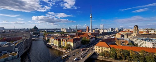 City panorama with Spree, Cathedral, Nikolai Quarter, Red Town Hall, TV Tower and Old Town House,