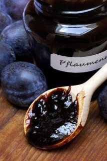 Plum jam in jar and plums, plum, plum plum, plum plum, plum, spoon, wooden spoon