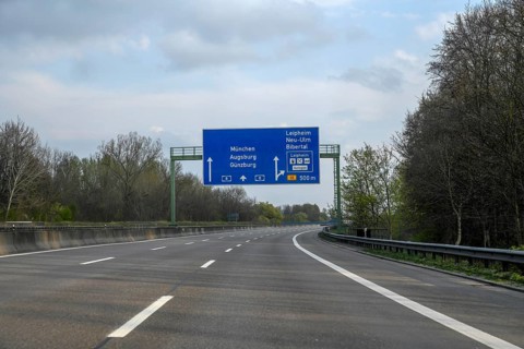 Empty motorway, corona crisis, pandemic, motorway A8, near Neu-Ulm, Baden-Württemberg, Germany,