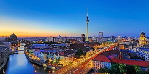 City panorama with Spree, Cathedral, Nikolai Quarter, Red City Hall, TV Tower and Old Town House in
