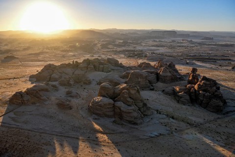 Rock landscape at Jabal Ithlib, blue hour, aerial view, Hegra or Mada'in Salih, AlUla region,