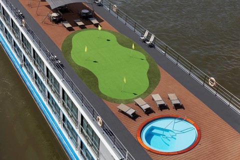 Artificial lawn with putting green, golf training on a river cruise ship on the Rhine, Düsseldorf,