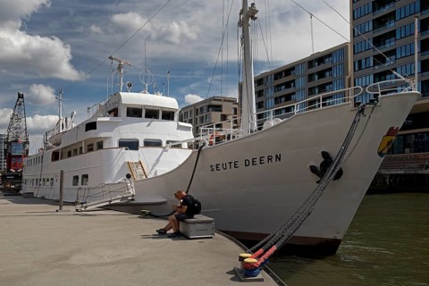 The ship Seute Deern as an event location in Sandtorhafen harbour in HafenCity, Hamburg, Germany,