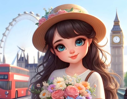 Cute anime girl on bicycle with flowers in the city of London. AI generated