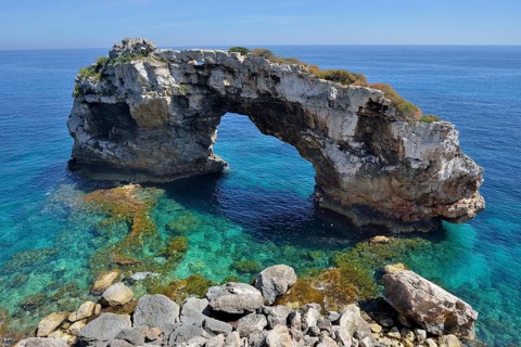 Natural arch Es Pontas, near Cala Llombards, Majorca, Balearic Islands, Spain, Europe