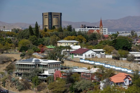 View of the city from Lover's Hill, Independence Museum and Christuskirche, Windhoek, Khomas