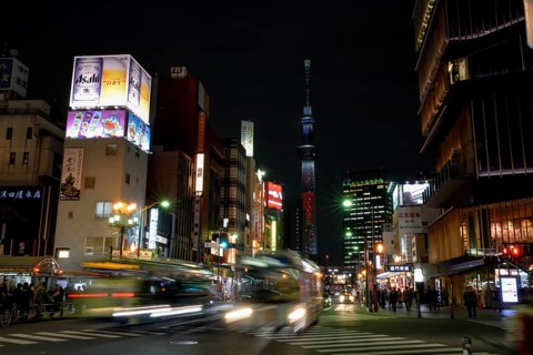Street scene in the district Asakusa, in the background the Skytree, with 634 meters the highest