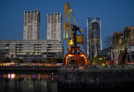 Cranes in the harbour district of Puerto Madero in evening light, Buenos Aires, Argentina, South