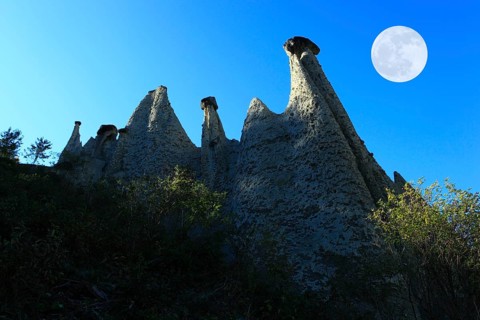 Earth pyramids of Euseigne, Val d'Herens, full moon, d'Heremence, Valais, Switzerland, Europe