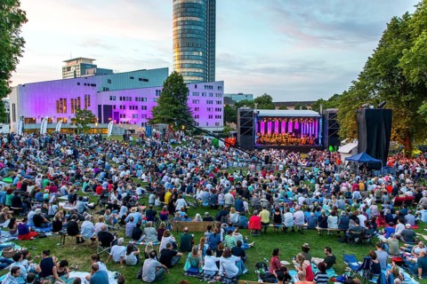 Open air concert in Essen's Stadtgarten Park, summer concert of the state government, North