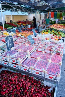 Market stall with fruits on a weekle market near Tarragona, Catalonia, Spain, Europe