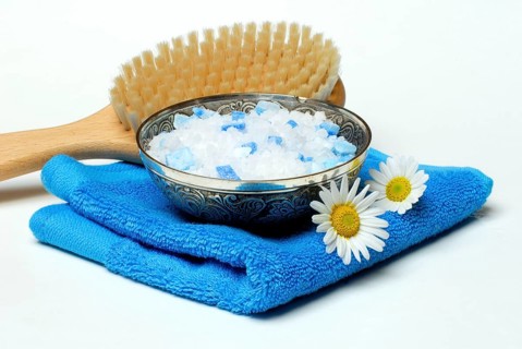 Bath salt, towel, bath brush