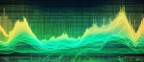 Glowing digital wave forms fluctuating in sync with a pulsating grid background, representing the