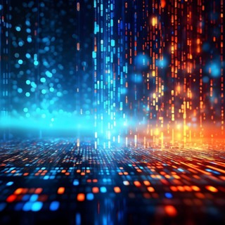 Binary code cascading down like digital rain, representing data insights, vibrant hues, AI