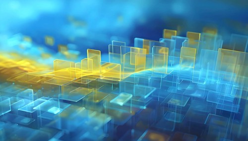 Layers of translucent squares moving in a synchronized flow, resembling dynamic data visualization,