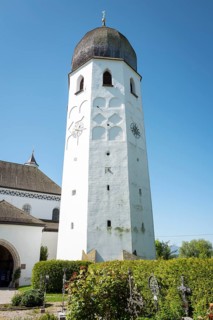 Bell tower of the Frauenwörth monastery church and Mesnerhäusl, Fraueninsel, Chiemsee, Bavaria,