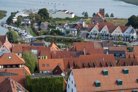 Town view with castle island, Wolgast, Usedom Island, Mecklenburg-Western Pomerania, Germany,