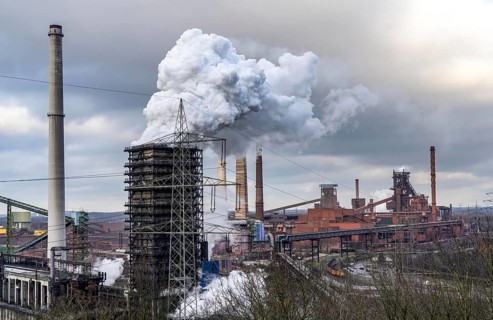 The Thyssenkrupp Steel steelworks in Duisburg-Marxloh, on the Rhine, quenching tower of the coking